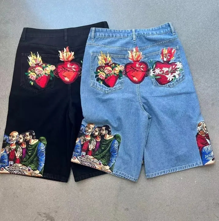 Blue men's tapered cotton shorts with a Jesus print on the back pocket