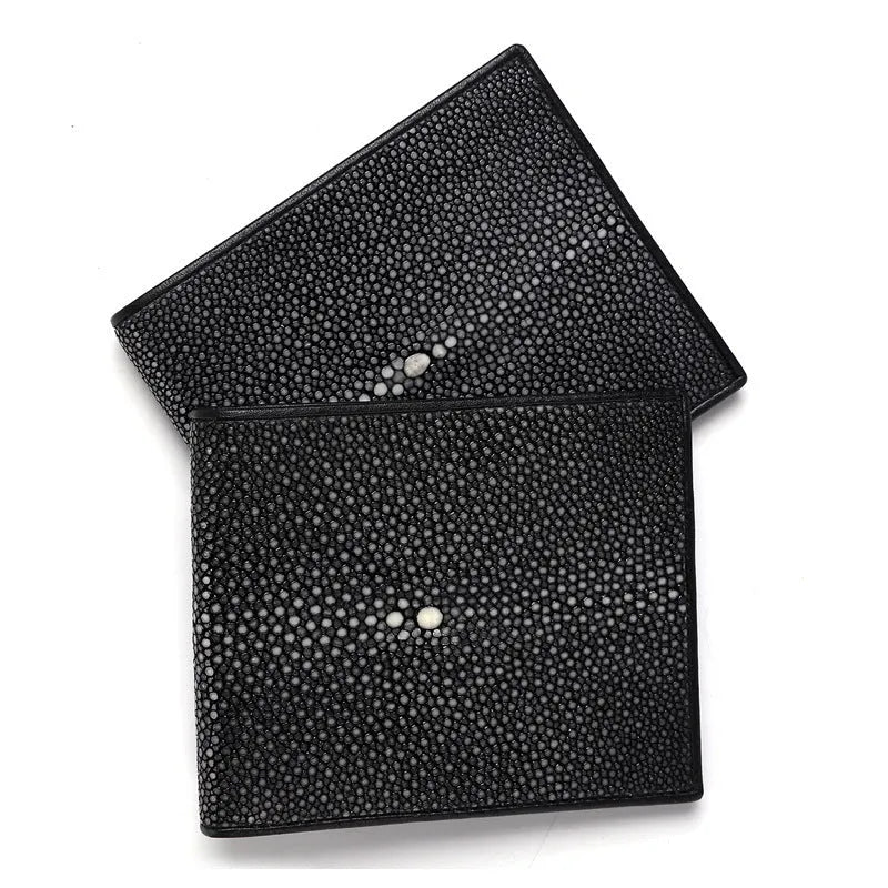 Short genuine cowhide leather wallet with pearl fishskin grain, horizontal square shape, and visible sewing thread stitching