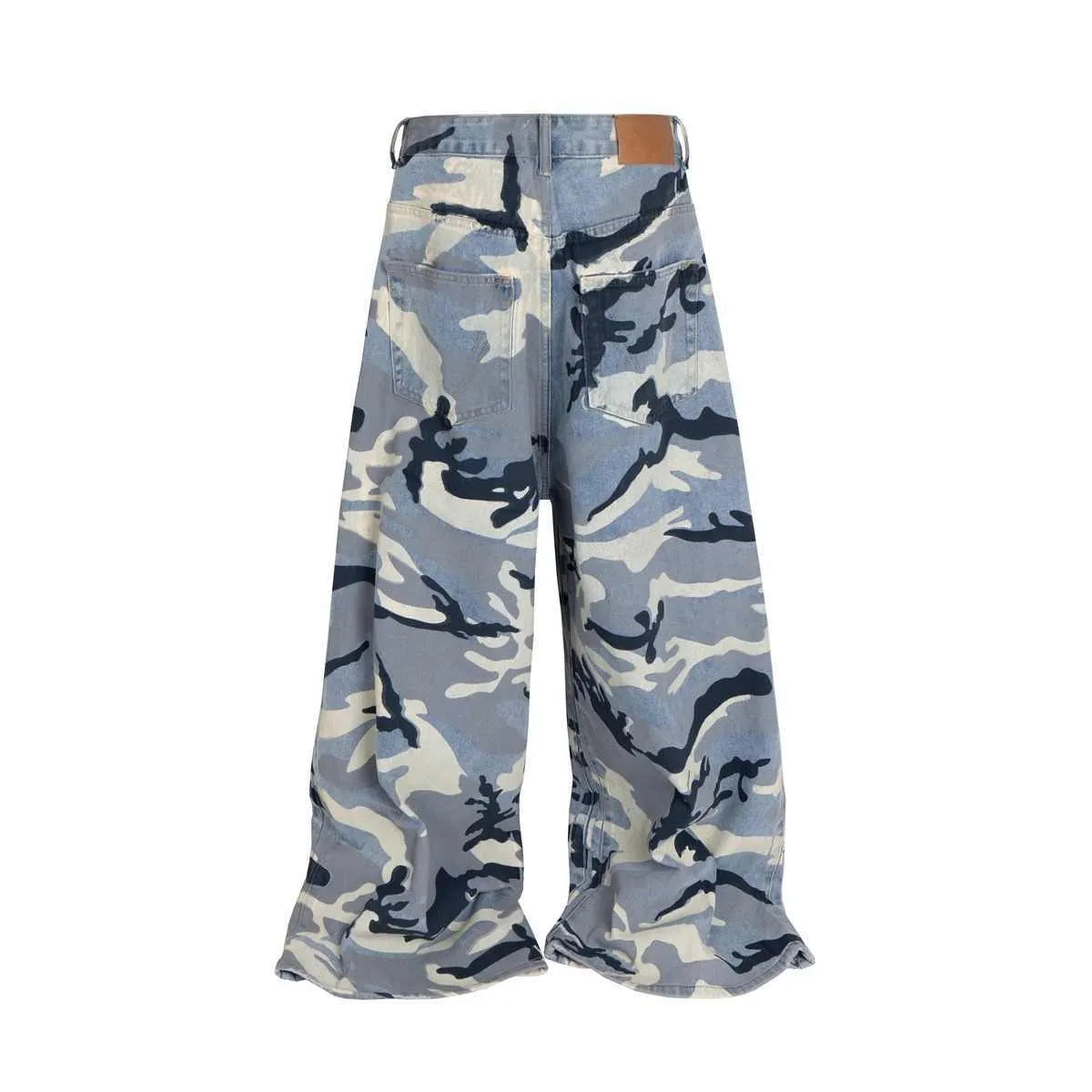 Snow camouflage blue loose fit jeans showing front and back views with mid waist design