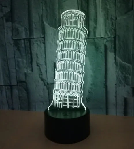 Leaning Tower of Pisa 3D acrylic night light with multi-colour LED glow on a black ABS base.