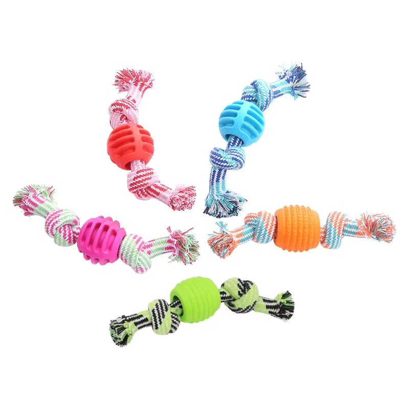 Cotton rope double knot ball dog toy in five colours for chewing and teeth cleaning