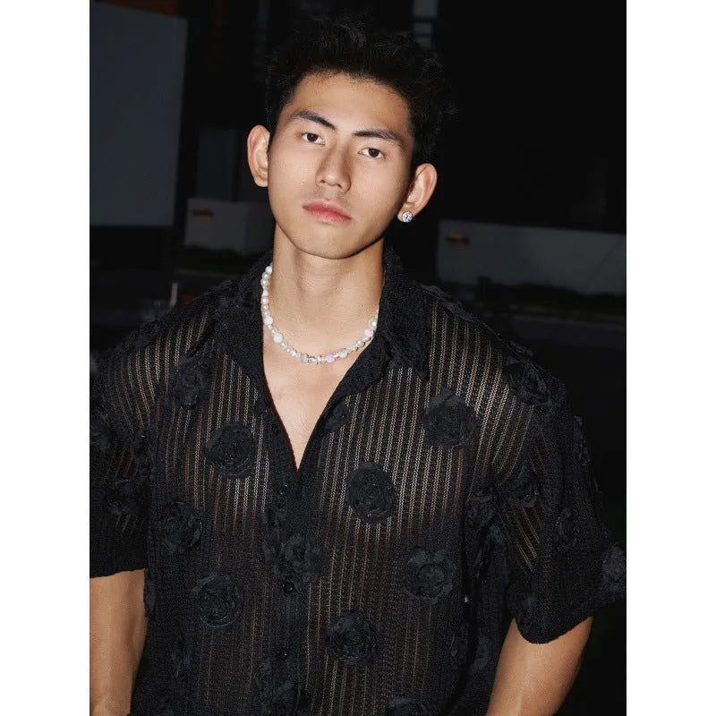 Heavy industry three-dimensional floral short-sleeved shirt in loose fit with wool lining