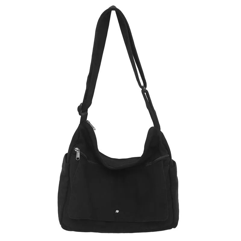 Washed canvas draping women's crossbody bag in black soft horizontal square shape
