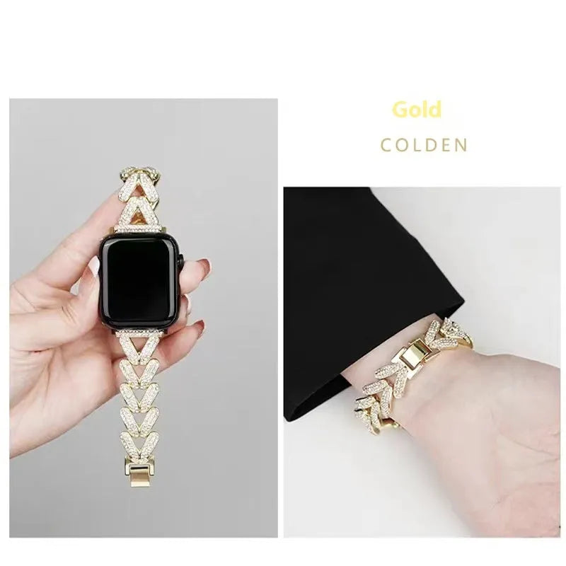Silver metal Apple Watch strap with V-shaped diamond-embedded detailing