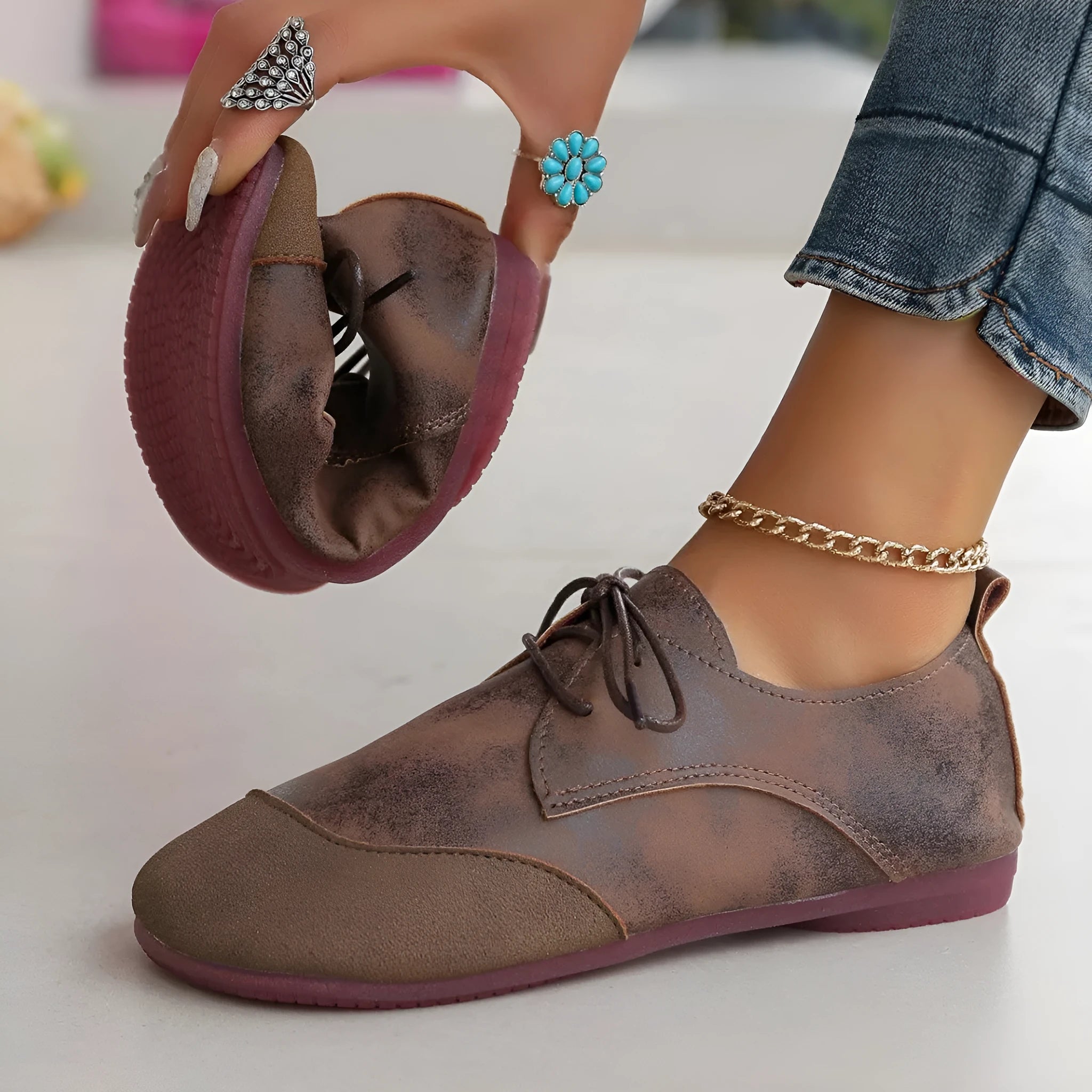 Flat retro soft leather western style slip-on loafers in black, round toe, low heel, belt decoration
