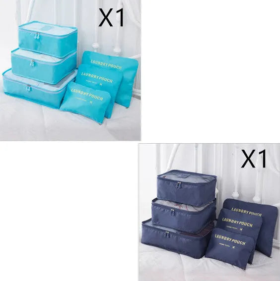 6 piece polyester travel storage bag set in hand bag type shape for clothes and cosmetic organisation, various colour options