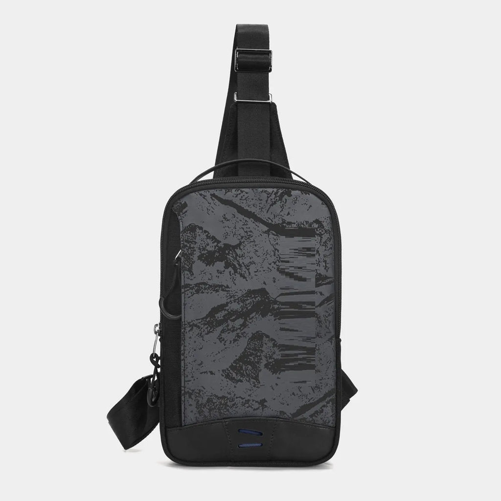 Casual black TPU chest bag with square vertical shape, single shoulder strap, and landscape pattern design