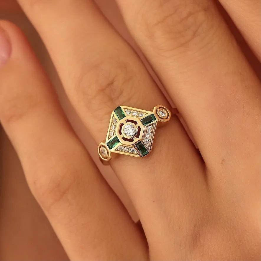 Square geometric women's ring with lvzuan coloured gem stone and electroplated metal finish