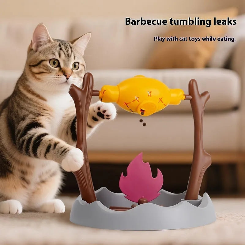 Barbecue-style cat food feeder toy with tumbling design and leakage food dispenser