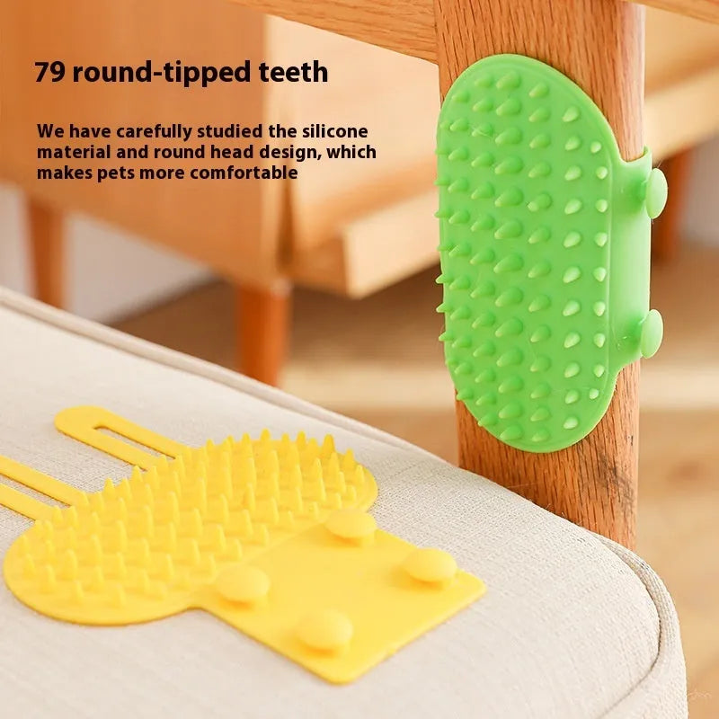 Adjustable silicone cat scratching brush mounted on table leg with rounded comb teeth for grooming