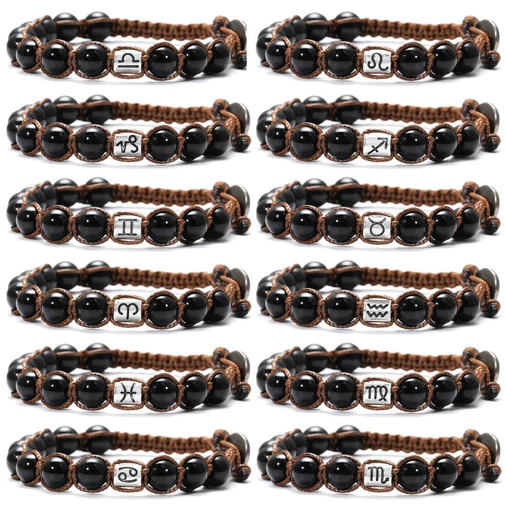 Natural obsidian hand-woven zodiac bracelet with stainless steel accent, unisex design