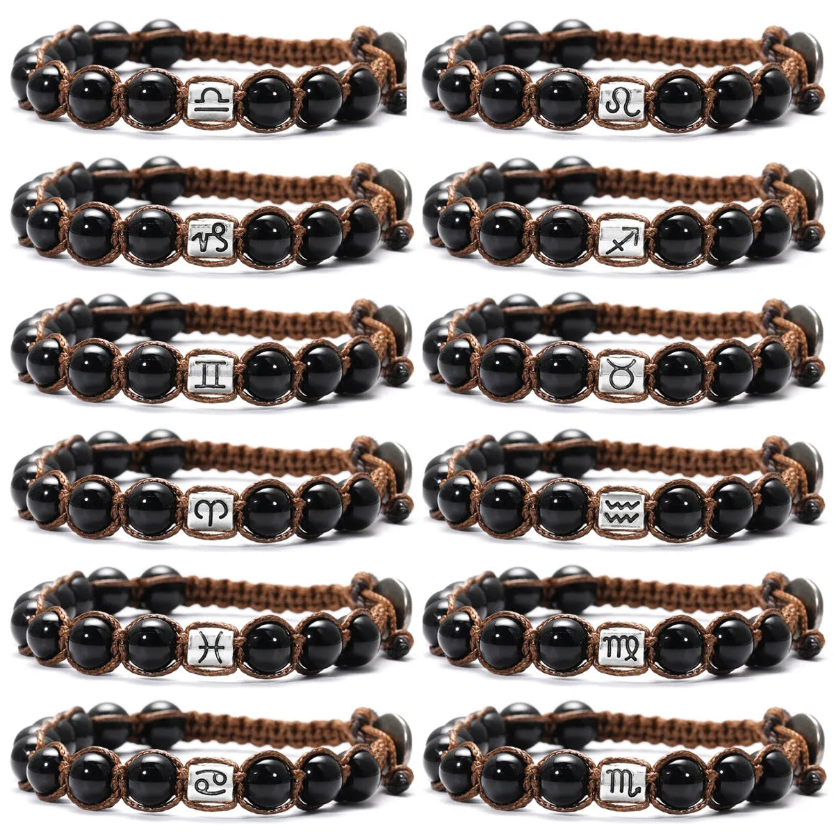 Natural obsidian hand-woven zodiac bracelet with stainless steel accent, unisex design