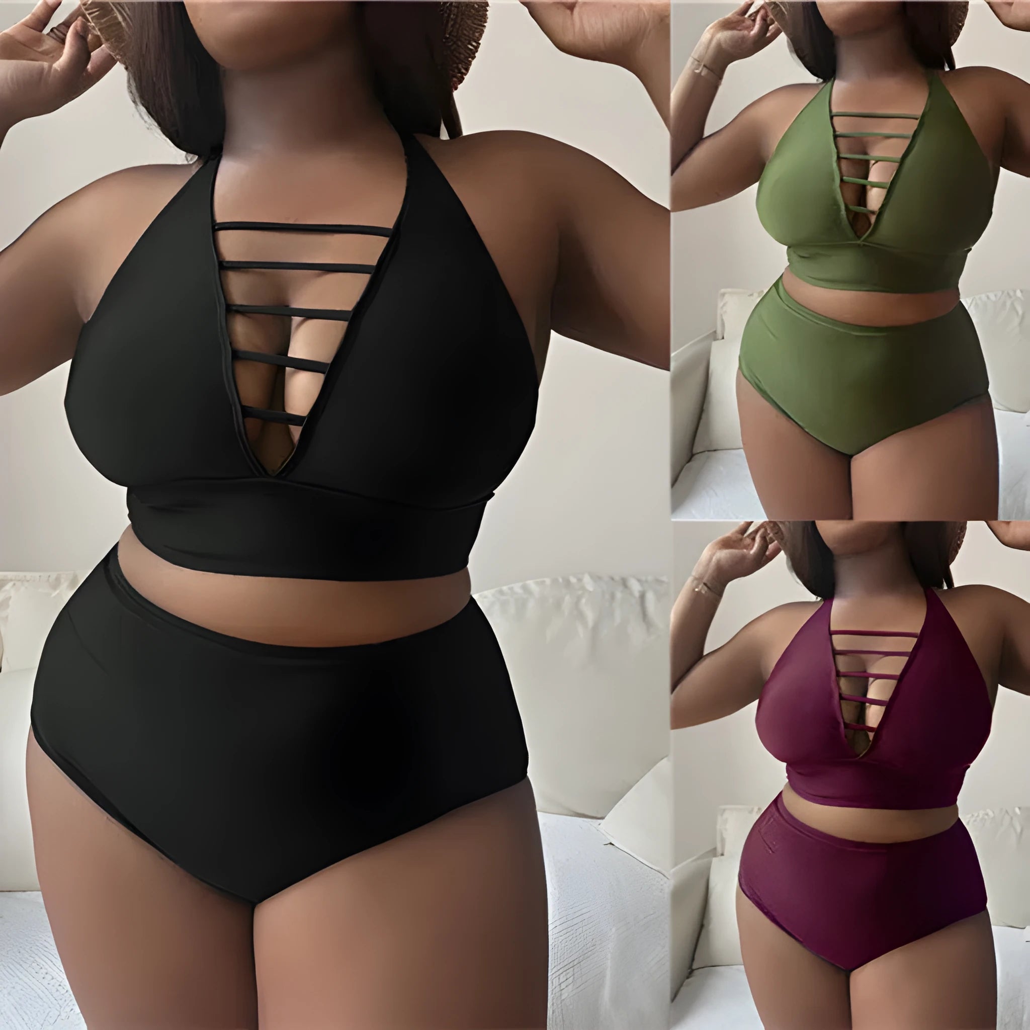 Plus size woman in a black halter bikini with cross shoulder straps and high-waisted briefs.