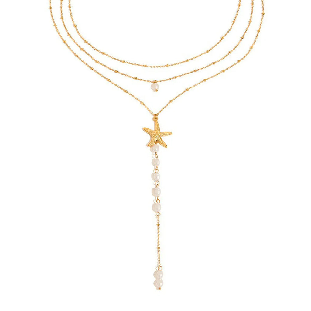 European American pearls necklace titanium steel twin starfish pendant 18K gold stainless steel chain