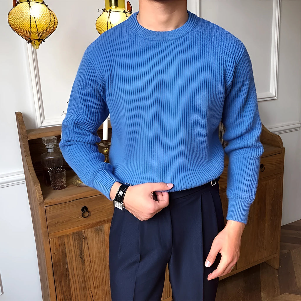 Men's fall winter loose fit knitted polyester pullover sweater in black, round neck, long sleeves