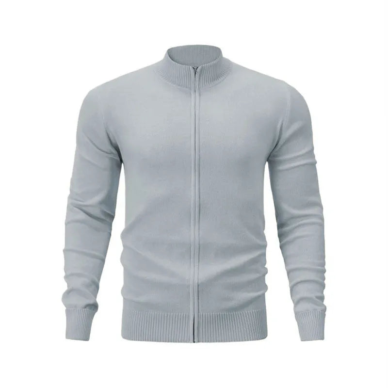Casual stand collar zip-up sports sweater in a solid colour, shown on a model.