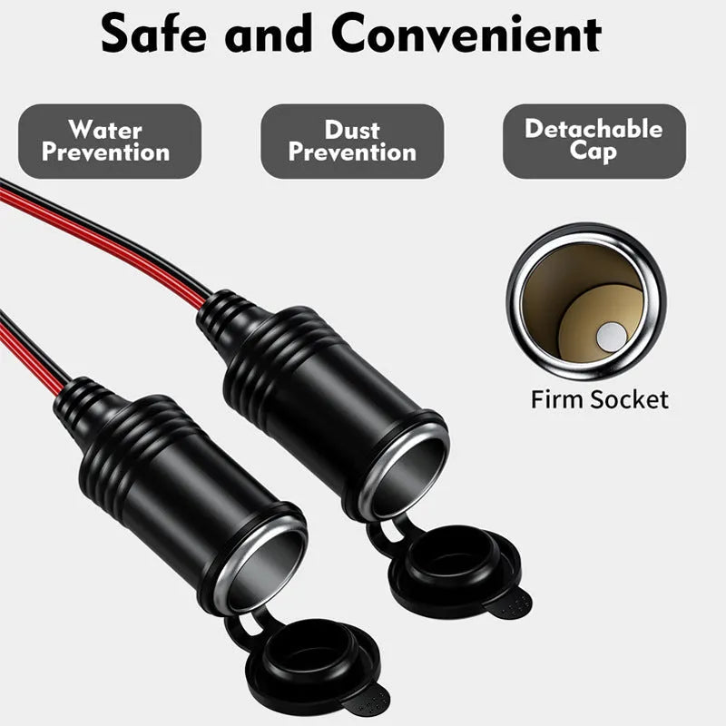 Y8 cigarette lighter extension cable 12V 24V 250W with Bakelite housing and dual USB ports on black background