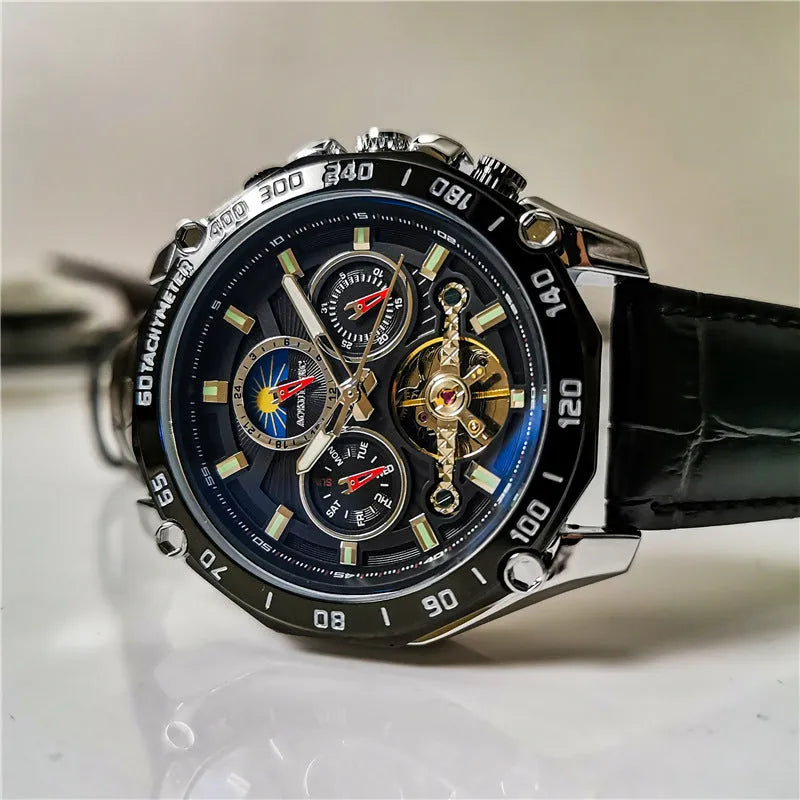 Men's automatic mechanical watch with stainless steel case in silver or black, showing white or black dial options