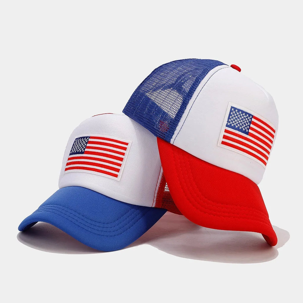 Red and blue contrast mesh adjustable baseball cap with breathable space cotton fabric and dome crown