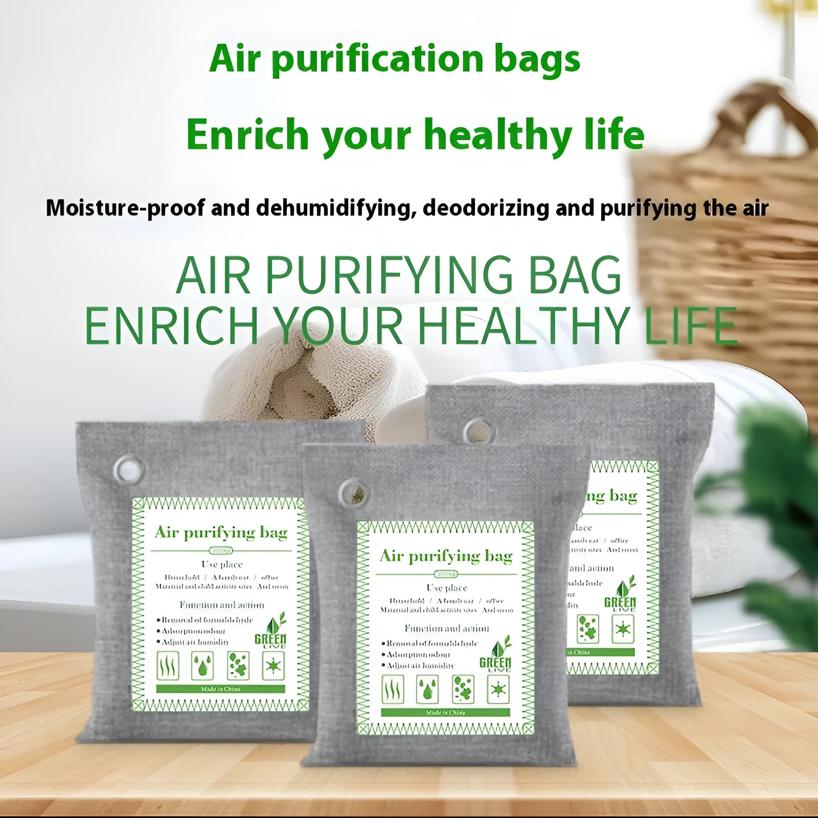 Bamboo charcoal wrapped activated carbon bag for formaldehyde removal in 100g, 200g, and 500g sizes.