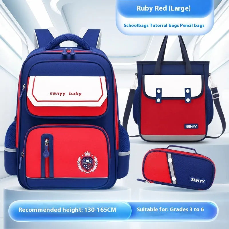 Children's spine protector backpack in blue, made of water-repellent Oxford cloth, size 38x30x15cm