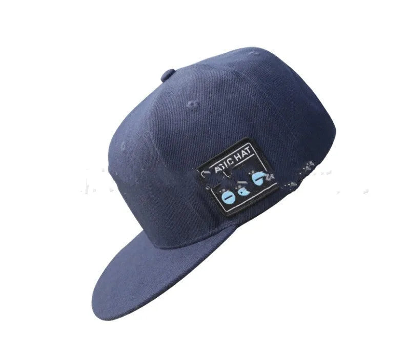 Wireless Bluetooth audio baseball cap in navy blue with built-in stereo headphones for music and calls
