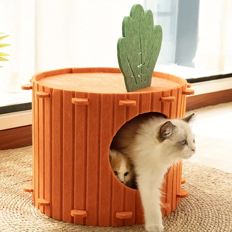 A soft grey felt cat tunnel nest shaped like a carrot, shown in a semi-enclosed tunnel design.