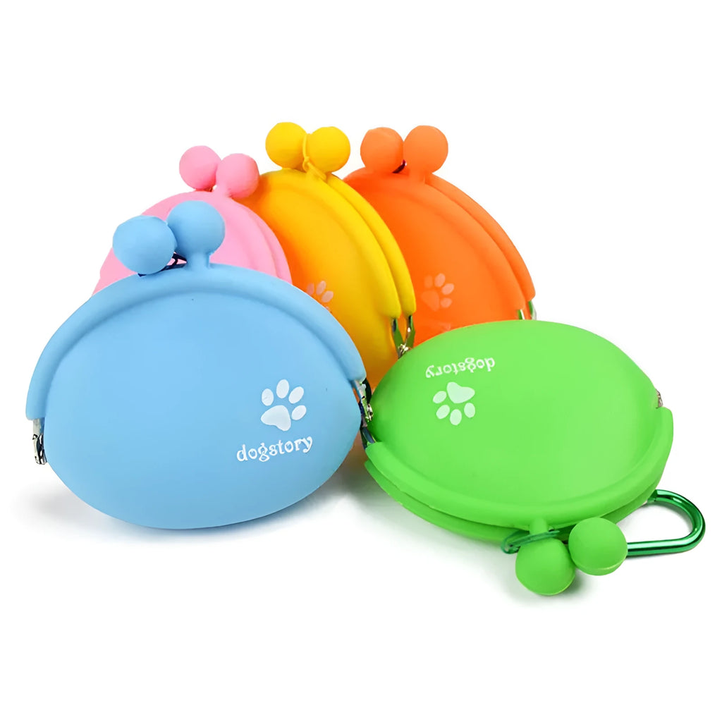 Silicone dog training treat bag with waist clip in blue green orange pink yellow colours