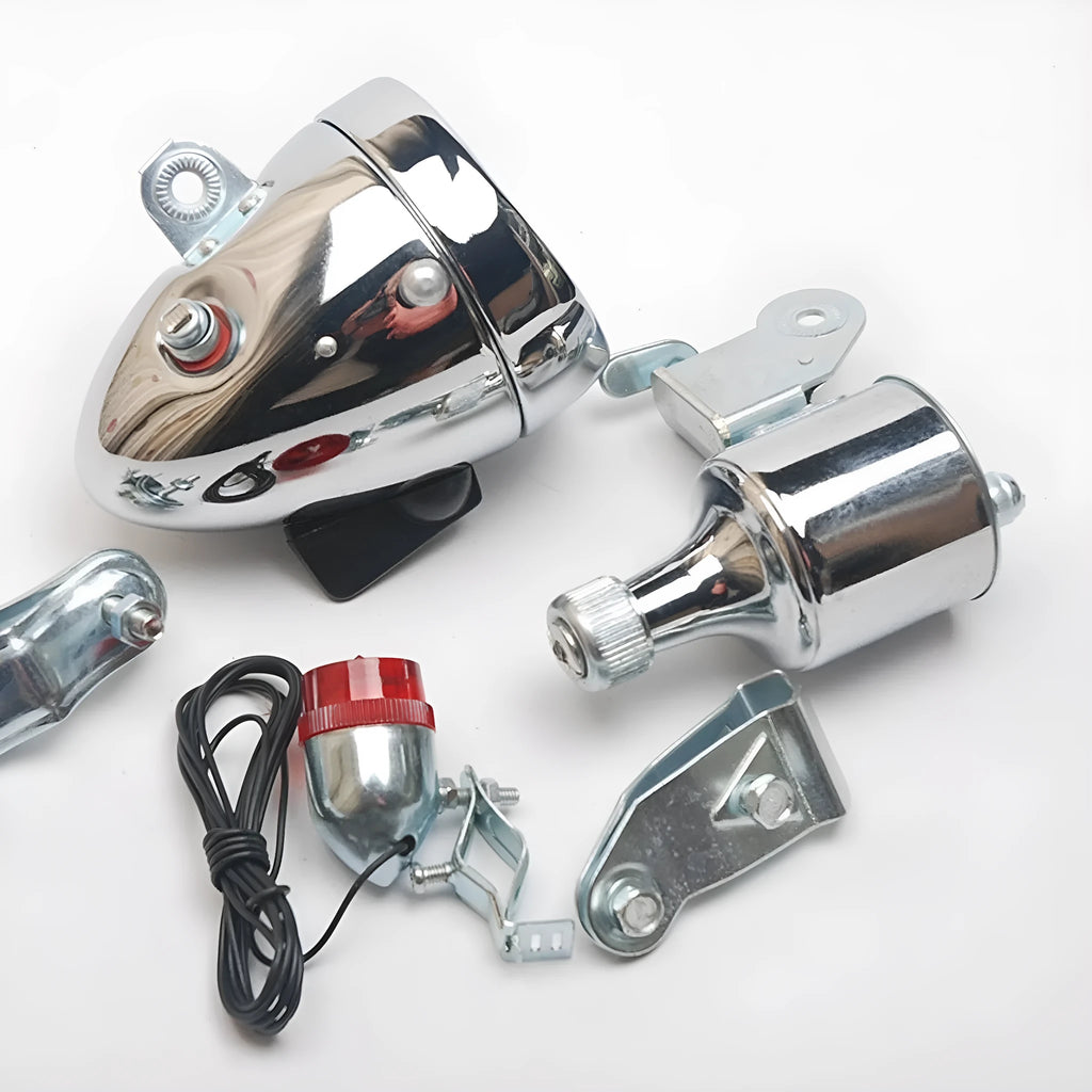 Silver bicycle dynamo generator light modification set for front fork or frame mounting