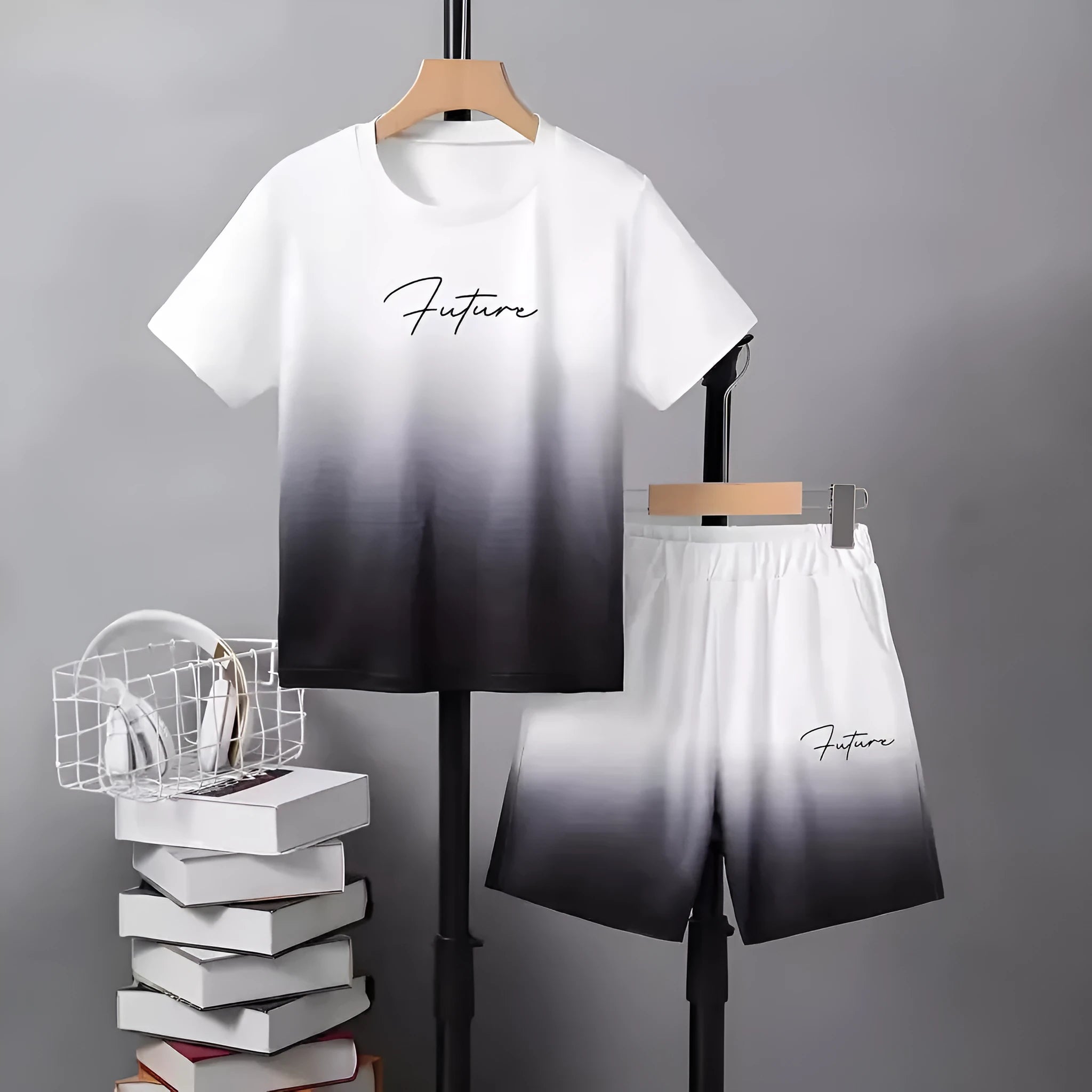 Boys' short sleeve cotton blend t-shirt and shorts set with animal pattern, available in multiple colours