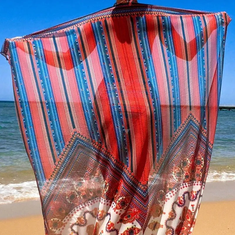 Women's three-piece swimsuit set showing high-waist cutout bottoms, sleeveless top, and coat in matching colour