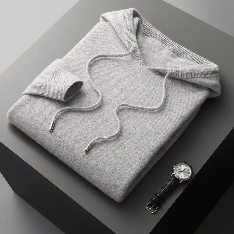 Men's seamless wool hoodie and jogger pants casual two-piece set in Dark Gray with drawstring hood and zip front