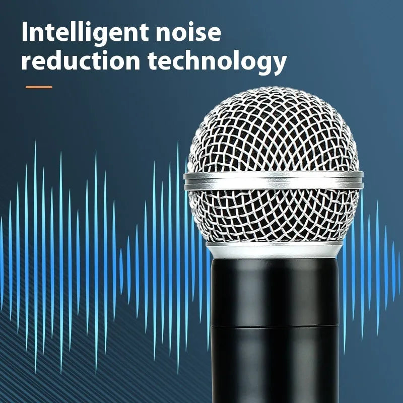 Black VHF one-to-two wireless karaoke microphone set with regulator and two microphones