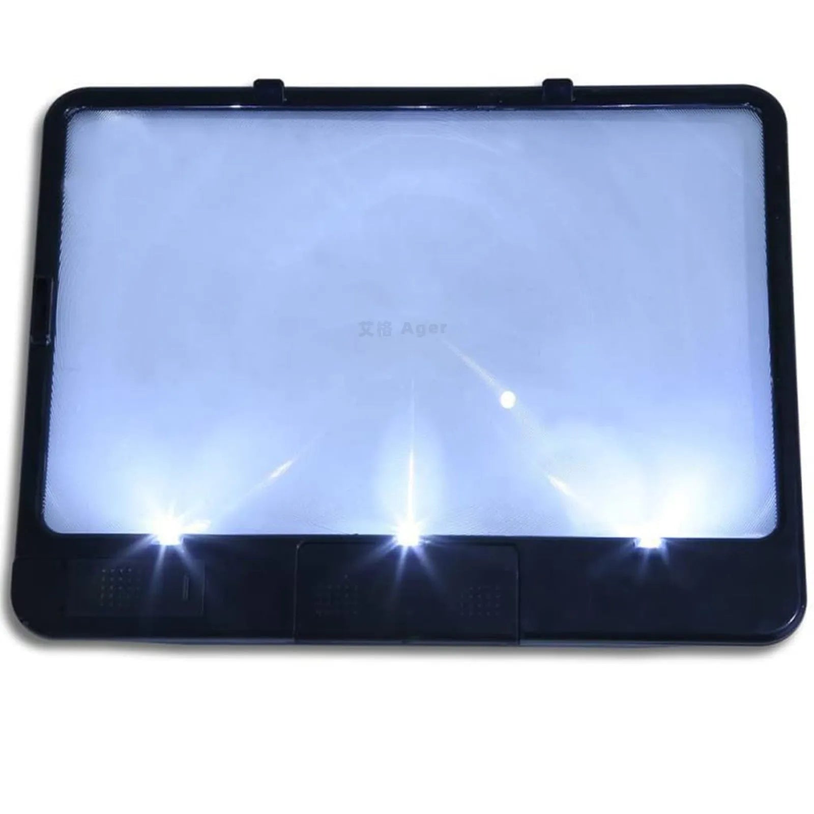Black handheld 3x magnifying glass with built-in white LED light on a PVC handle.