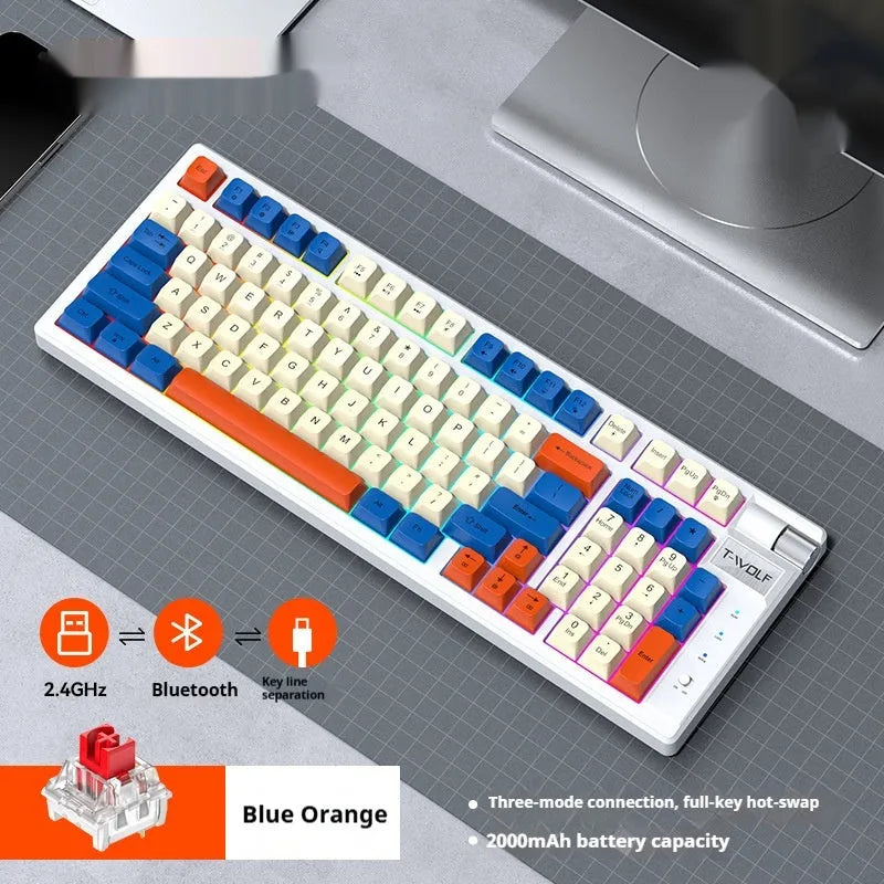 Wireless Bluetooth gaming mechanical keyboard with ABS ABS plastic keys, black and red colour, compact desk layout