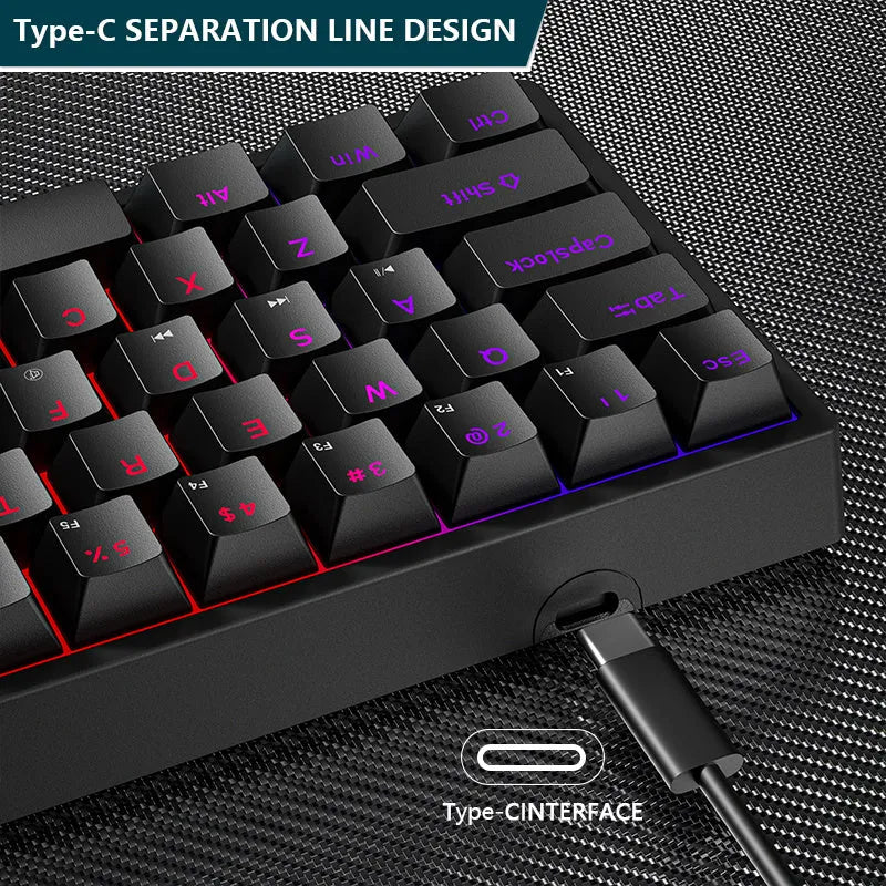 61-key blue switch mechanical keyboard with seven-color backlight, compact ABS build, Type-C wired connection