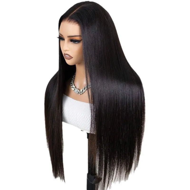A straight black human hair wig with a lace front, shown at one of its available lengths from 16 to 32 inches.