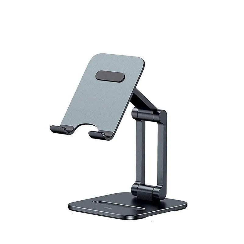 Folding aluminium alloy stand holding a 13-inch tablet on a desk, deep space gray colour, tablet model size 115 by 126 by 43 millimetres