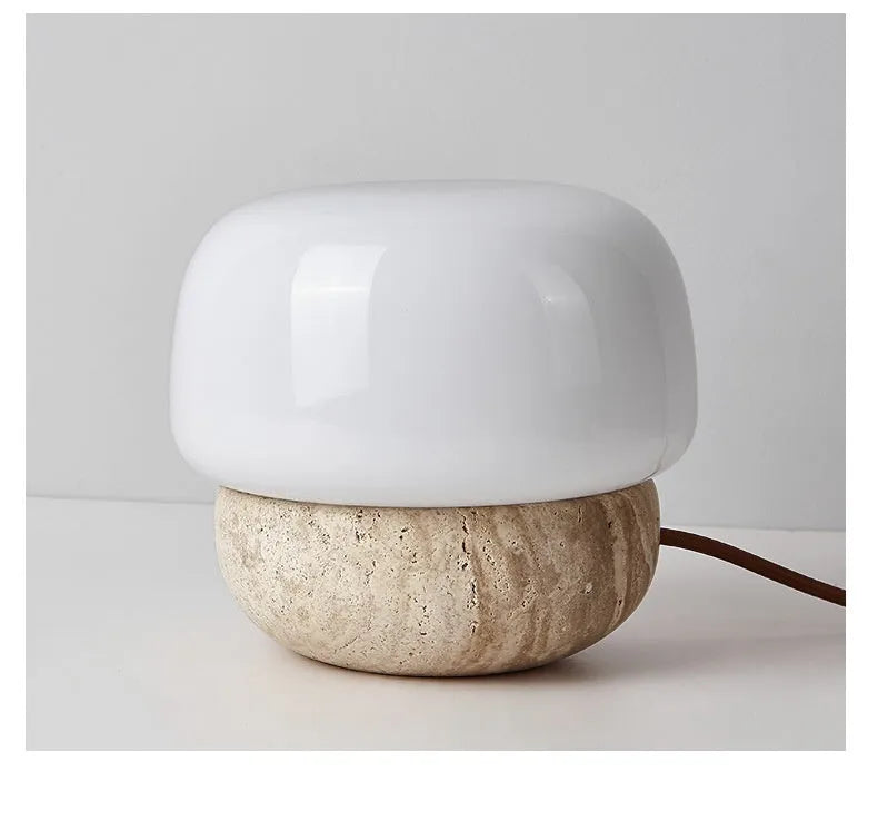 Cream retro bedside lamp with button switch measuring 18cm by 17cm on wooden table