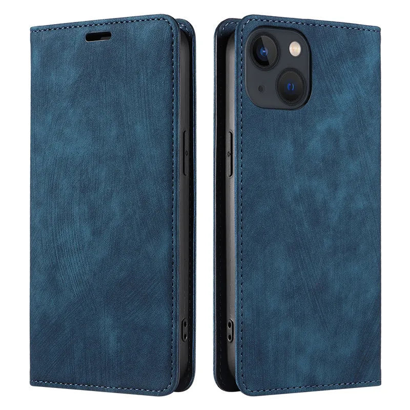 Magnetic flip phone case for iPhone in black, showing TPU frame and leather cover.