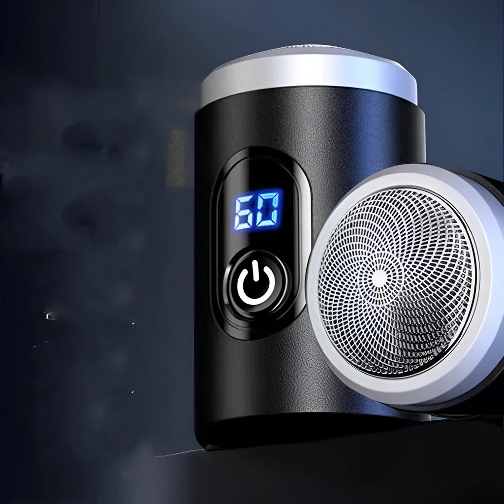 Black portable rechargeable shaver with USB charging cable and cleaning accessories