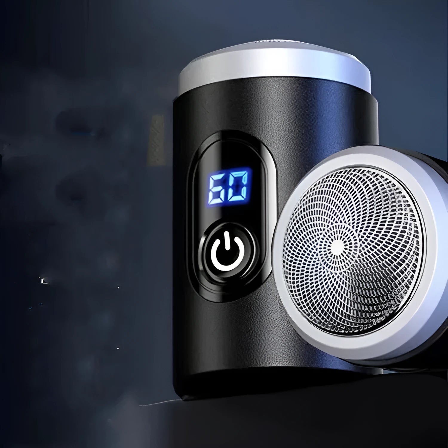 Black portable rechargeable shaver with USB charging cable and cleaning accessories