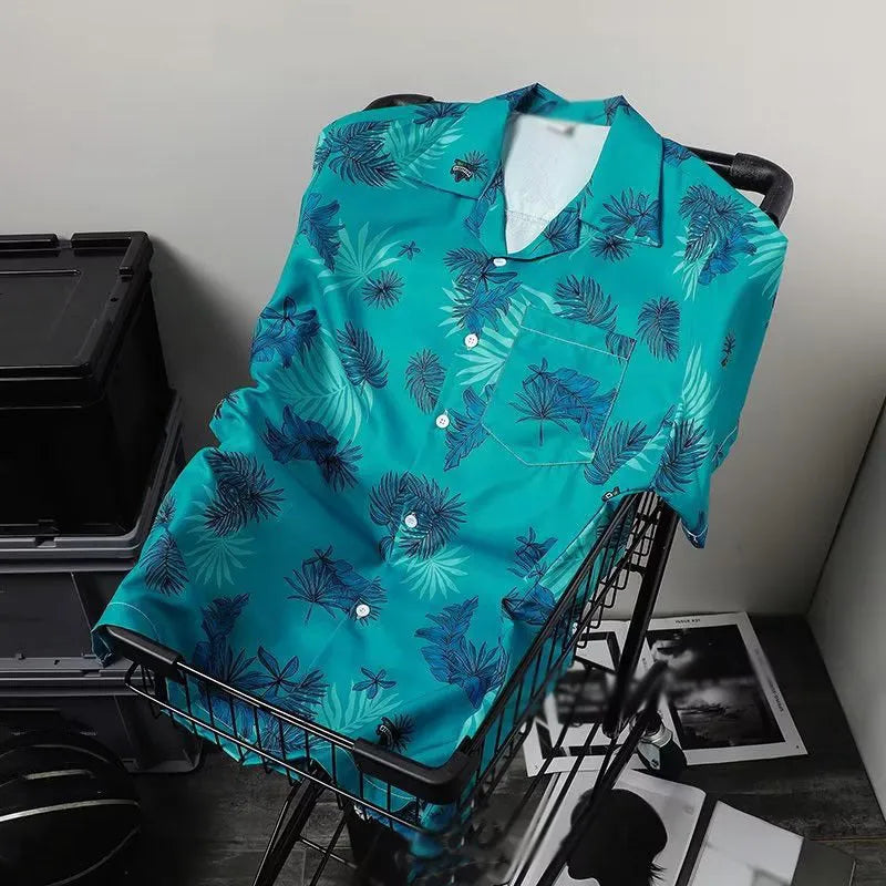 Green summer thin printed shirt for men, loose cardigan style, short sleeves, polyester blend
