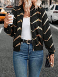 Women's black polyester spring jacket with zigzag gold print, conventional long sleeves, front view