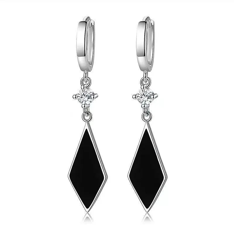 Silver geometric diamond shape drop earrings with ear clip fastenings