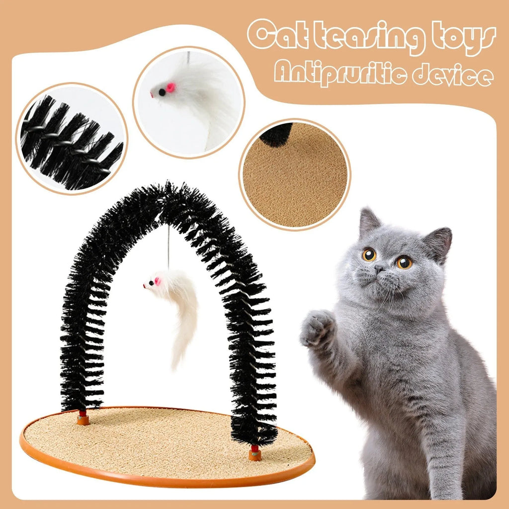 Black plastic cat hair rub anti-itch device with arch brush and attached lanyard mouse toy