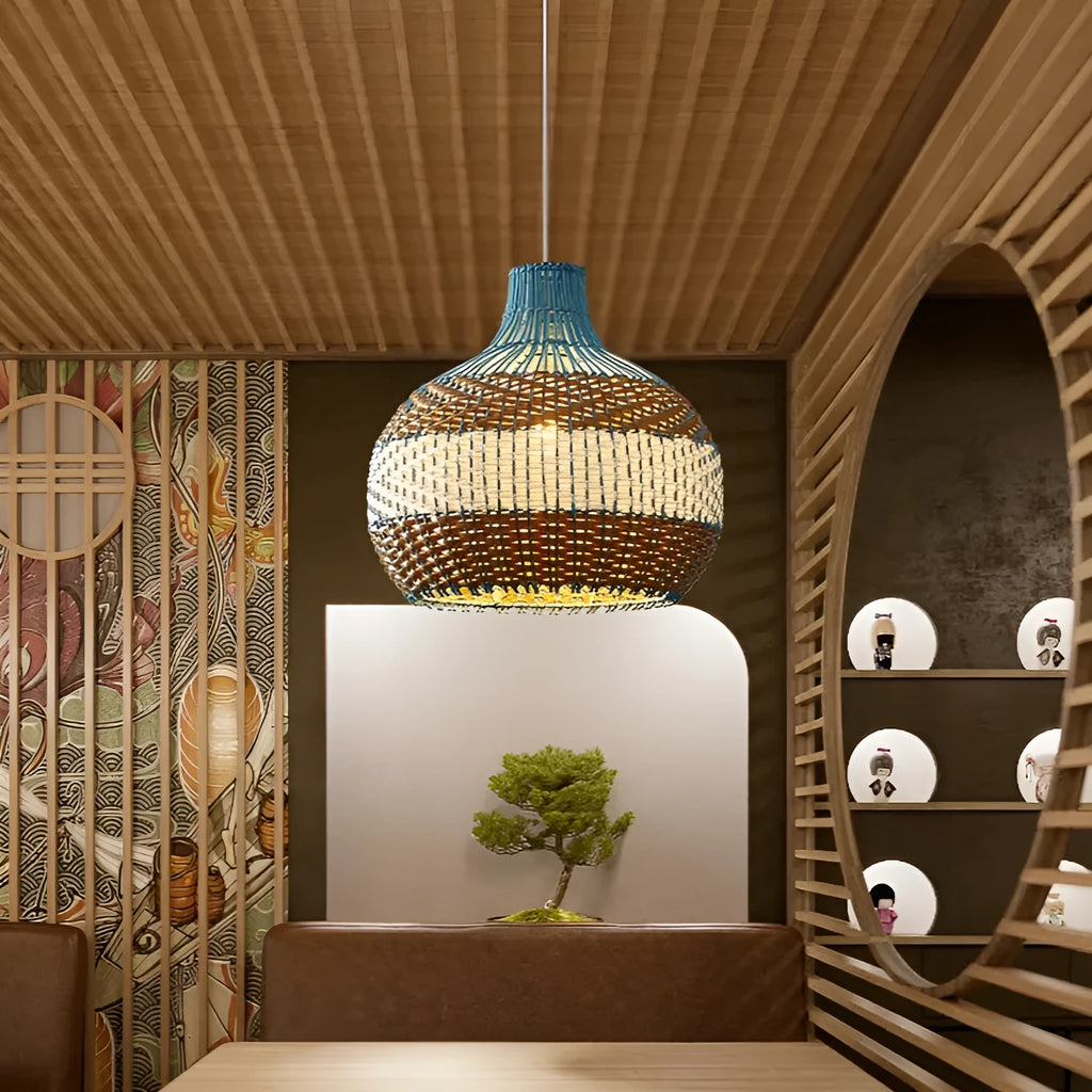 Natural woven rattan and bamboo pendant ceiling lamp with warm white light