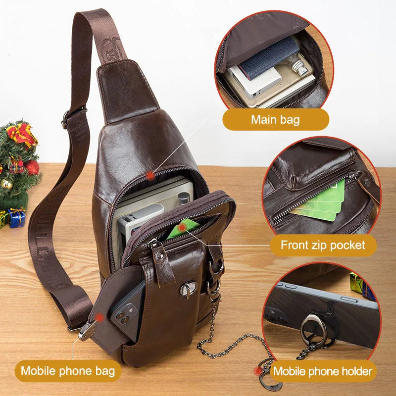 Genuine leather mens medium chest shoulder messenger bag in brown, vertical square shape with magnetic buckle, side view