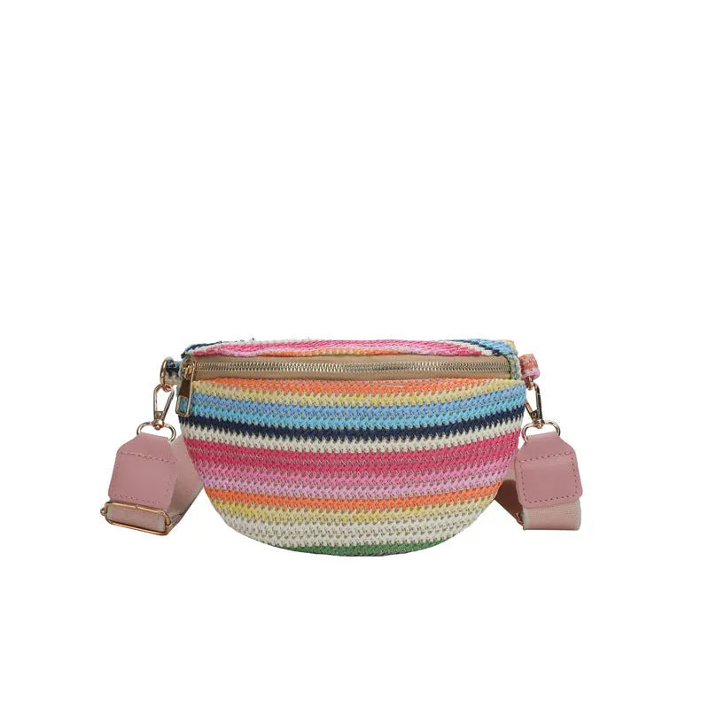 Blue straw woven women's shoulder bag with shell shape and internal zipper compartment