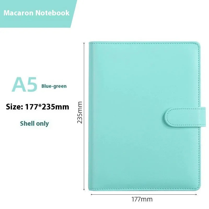 A5 solid colour PU leather notebook binder shell with a zipper, shown in various colours.